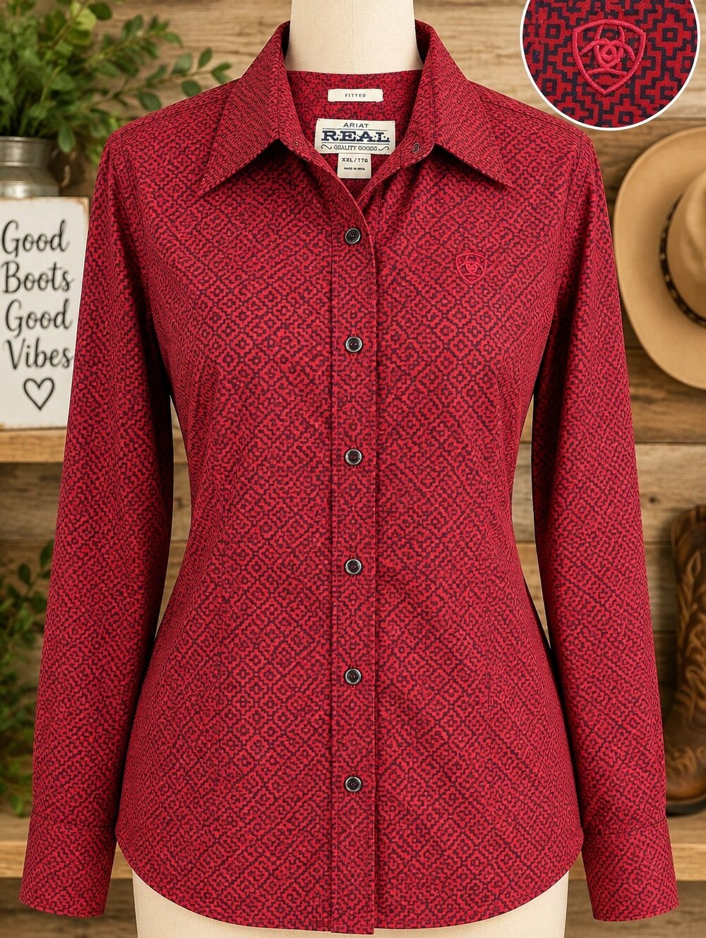 Ariat R.E.A.L. Women's Red Geometric Fitted Button Shirt XXL